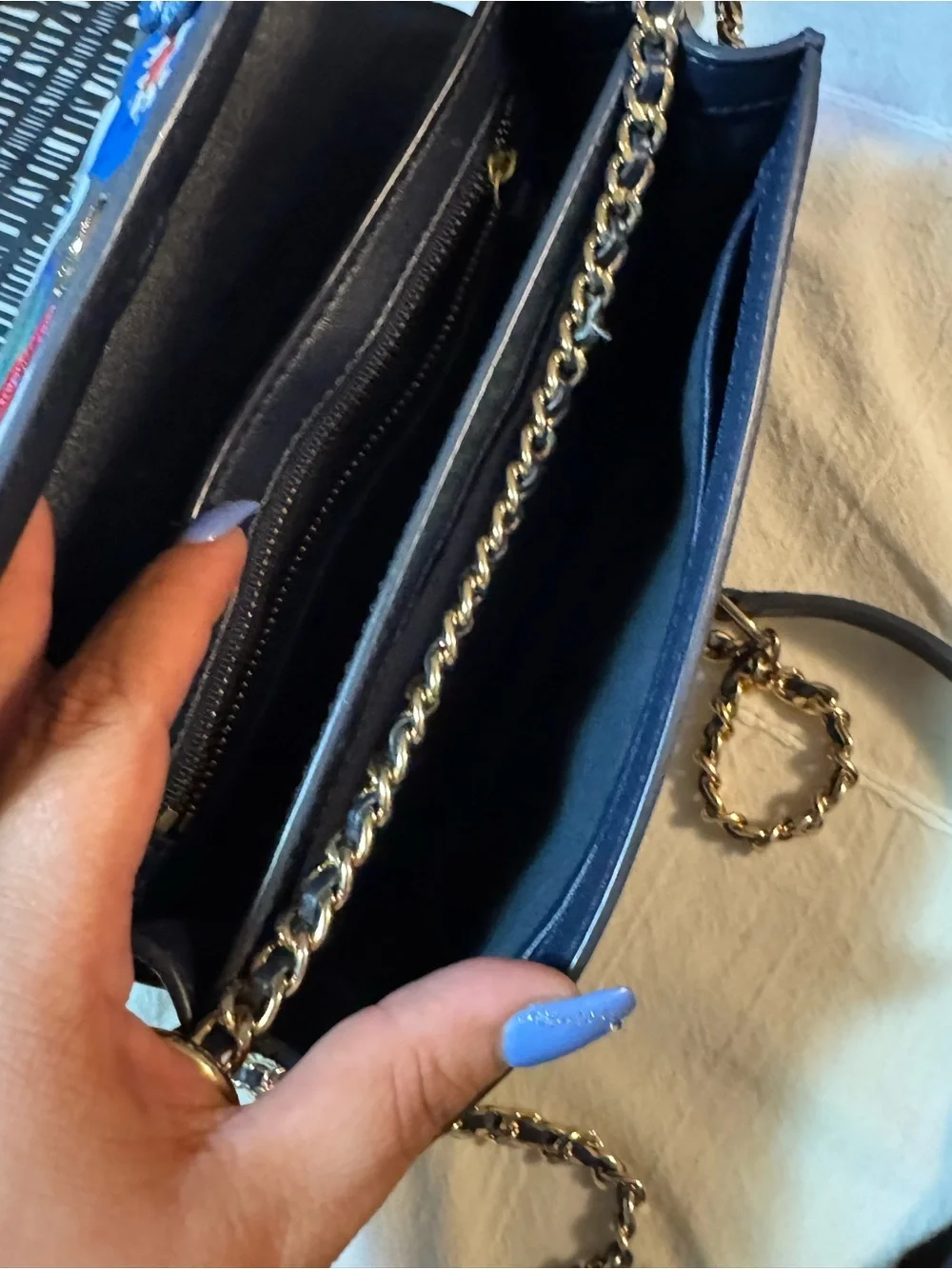 Tory Burch navy blue Floral Embroidered Crossbody with Gold Chain